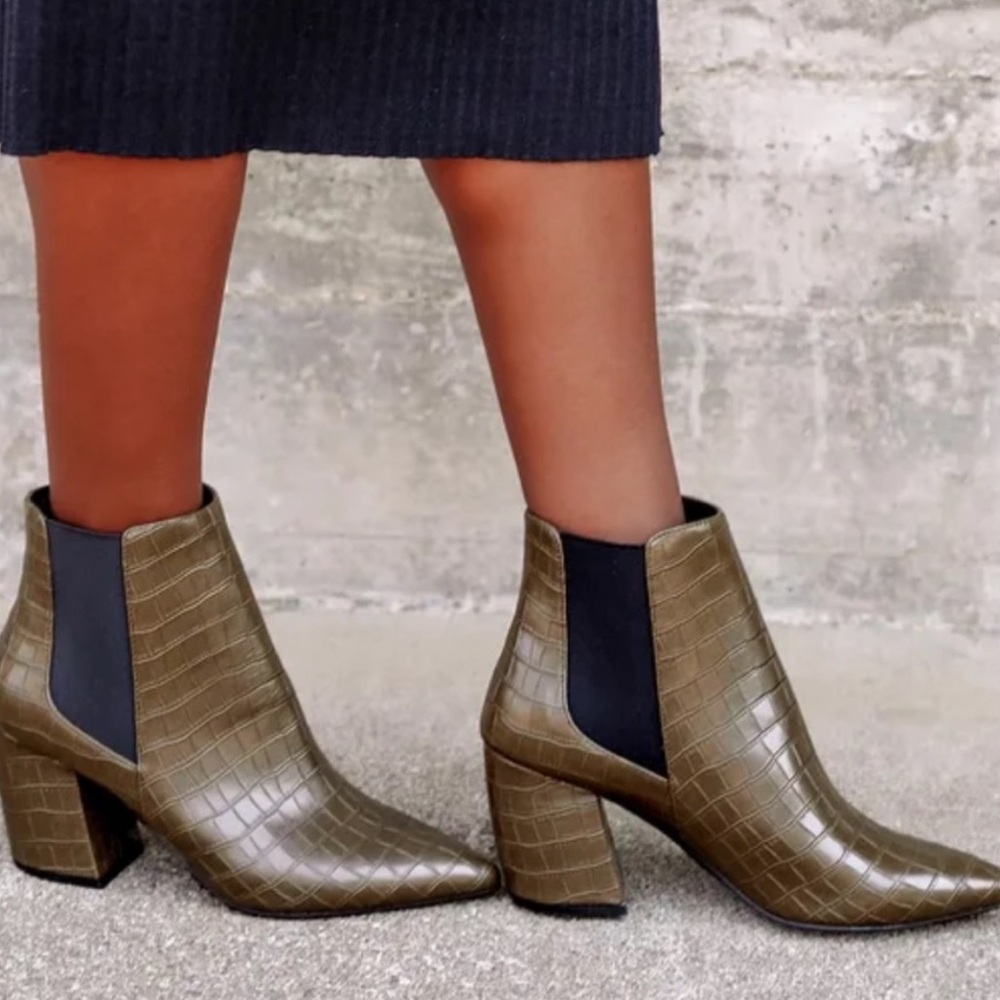 Lulu’s Cece Khaki Croc Ankle Pointed Toe Booties